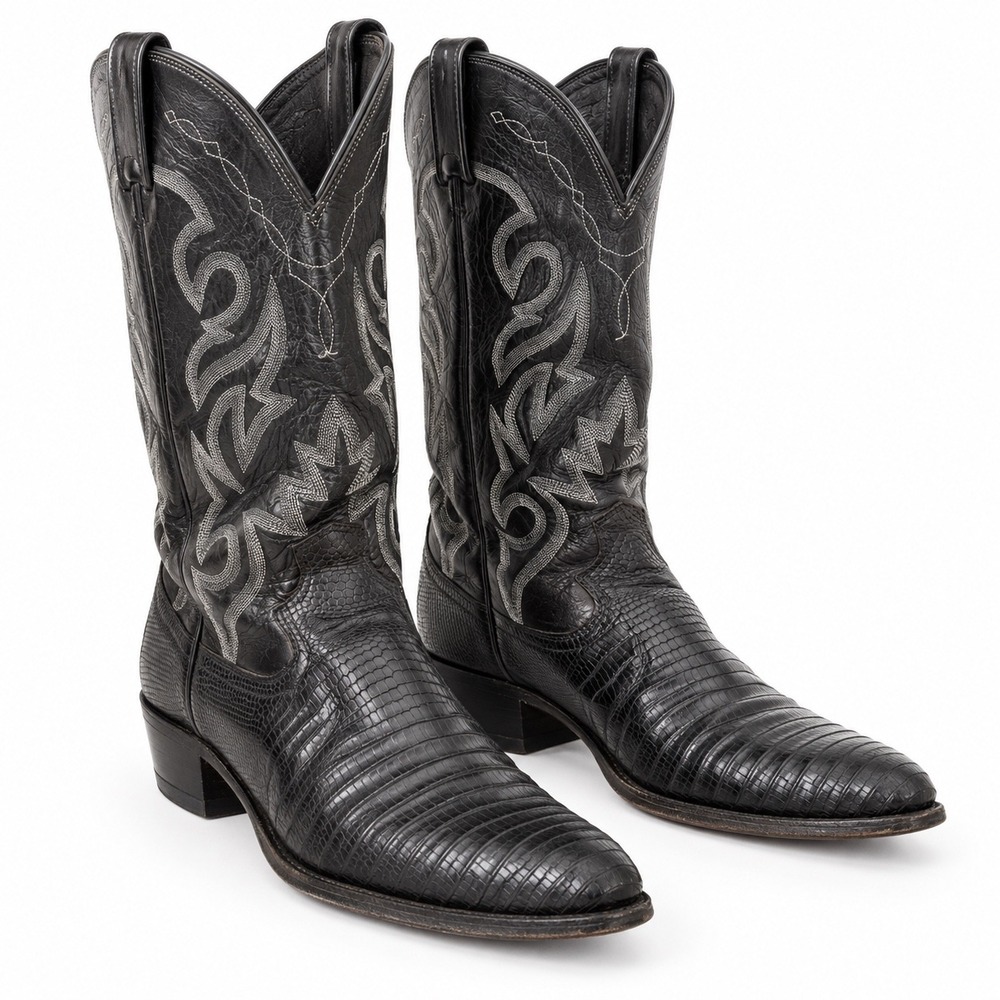 Vintage Dan Post Black Lizard Cowboy Boots Men's 10D USA Exotic Western